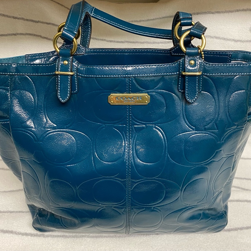 Coach Teal Embossed Patent Leather Gallery Tote